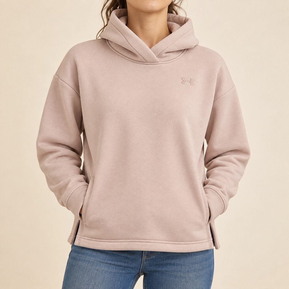 Under Armour Womens Small Armour Fleece Hoodie Pink Crossover Hood Slit Hem EUC